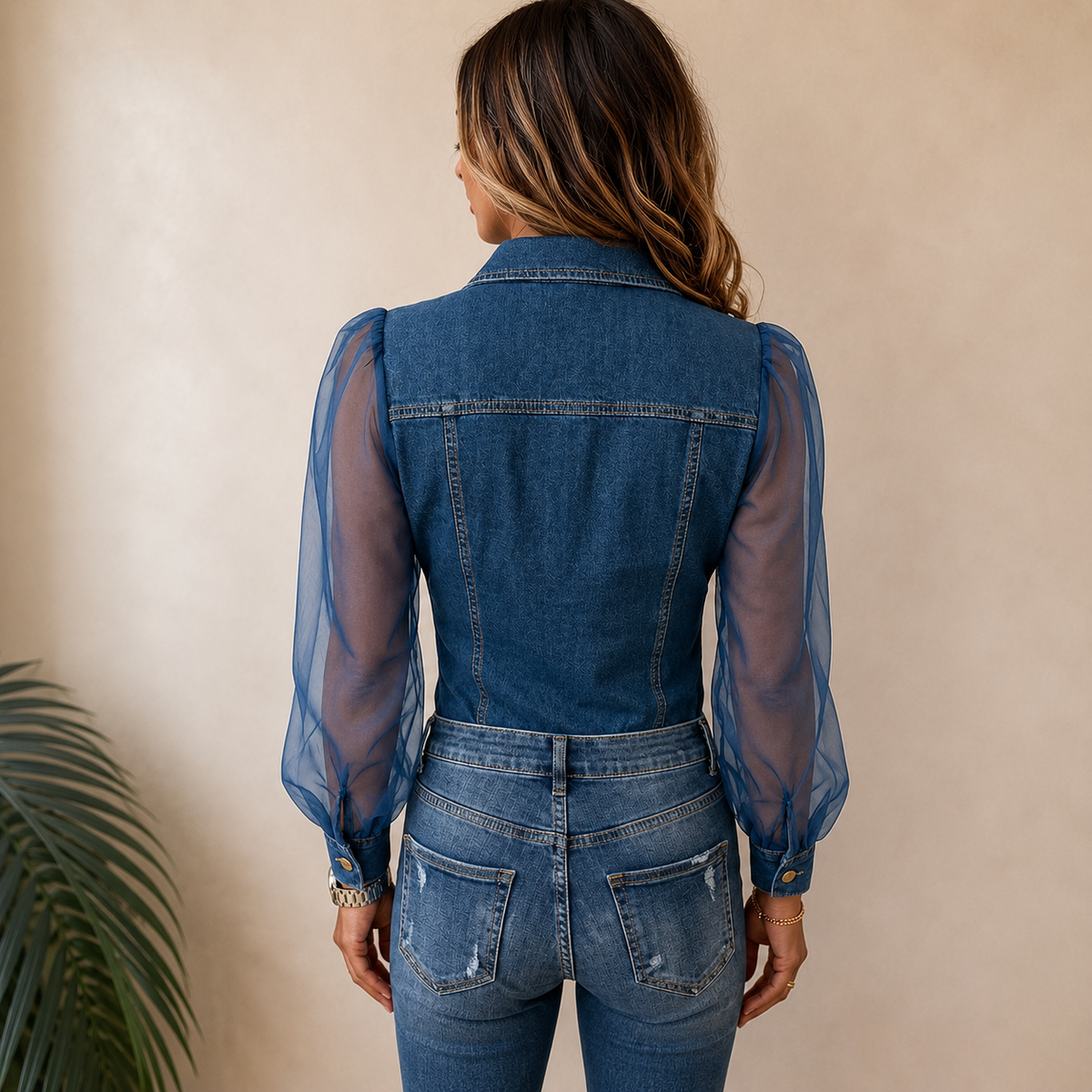 Eugenia-Roberta | Women's Denim-Style Sheer-Sleeve Slim-Fit Blouse