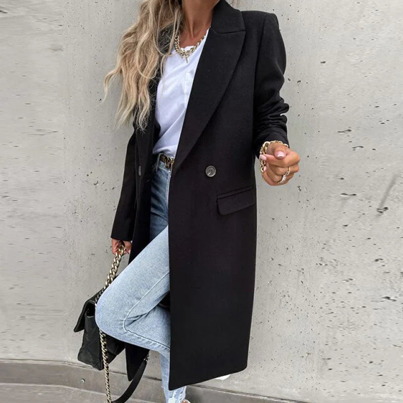 Hilda-Minerva | Women's Double-Breasted Notched-Lapel Long Coat