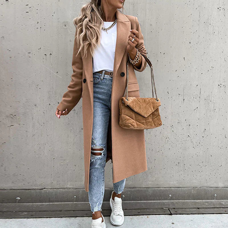 Hilda-Minerva | Women's Double-Breasted Notched-Lapel Long Coat