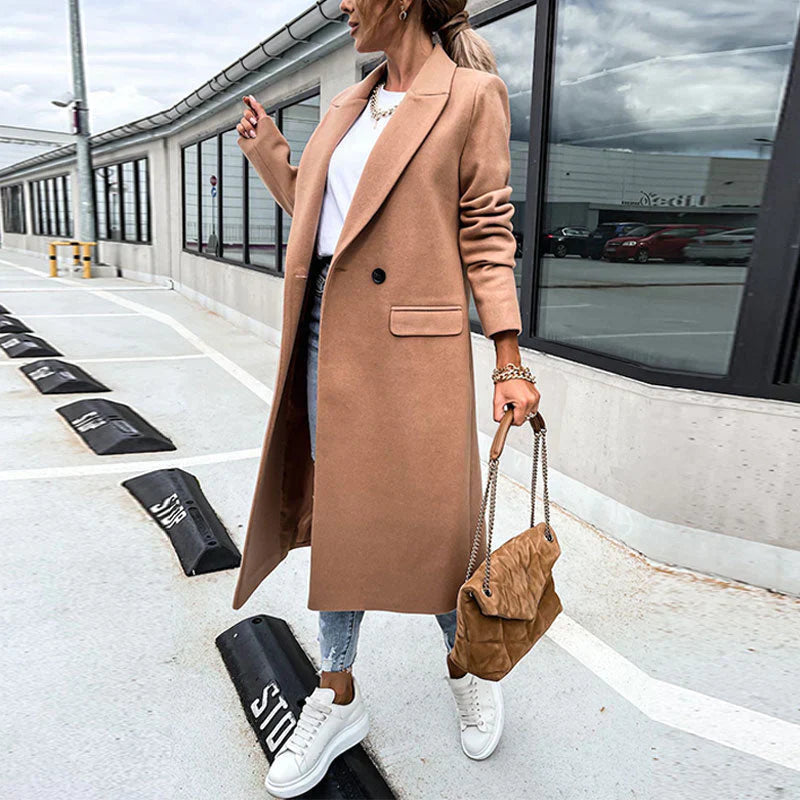 Hilda-Minerva | Women's Double-Breasted Notched-Lapel Long Coat