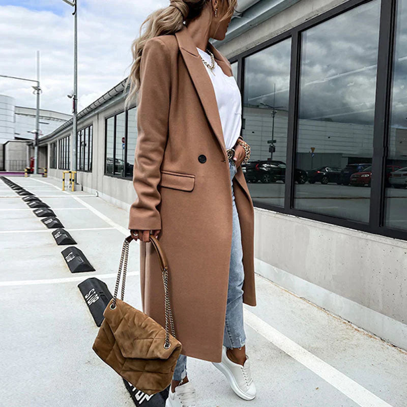 Hilda-Minerva | Women's Double-Breasted Notched-Lapel Long Coat