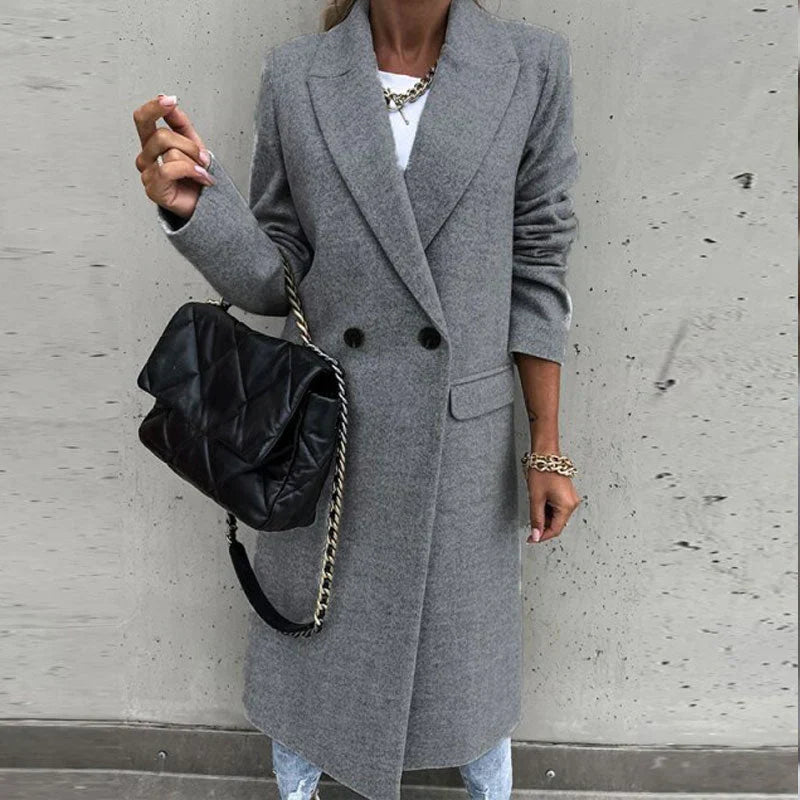Hilda-Minerva | Women's Double-Breasted Notched-Lapel Long Coat