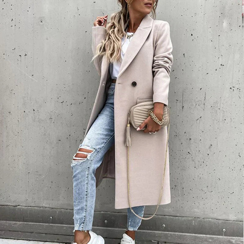 Hilda-Minerva | Women's Double-Breasted Notched-Lapel Long Coat