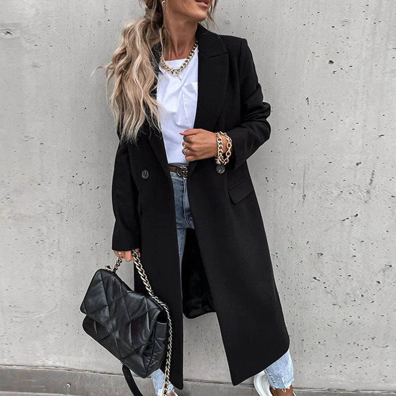 Hilda-Minerva | Women's Double-Breasted Notched-Lapel Long Coat