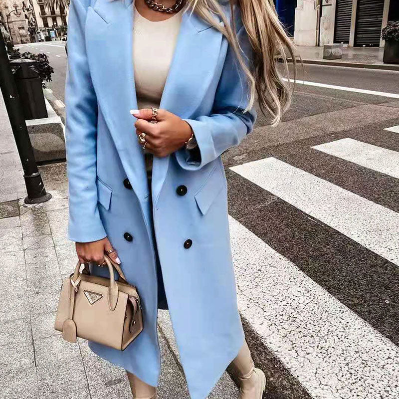 Hilda-Minerva | Women's Double-Breasted Notched-Lapel Long Coat