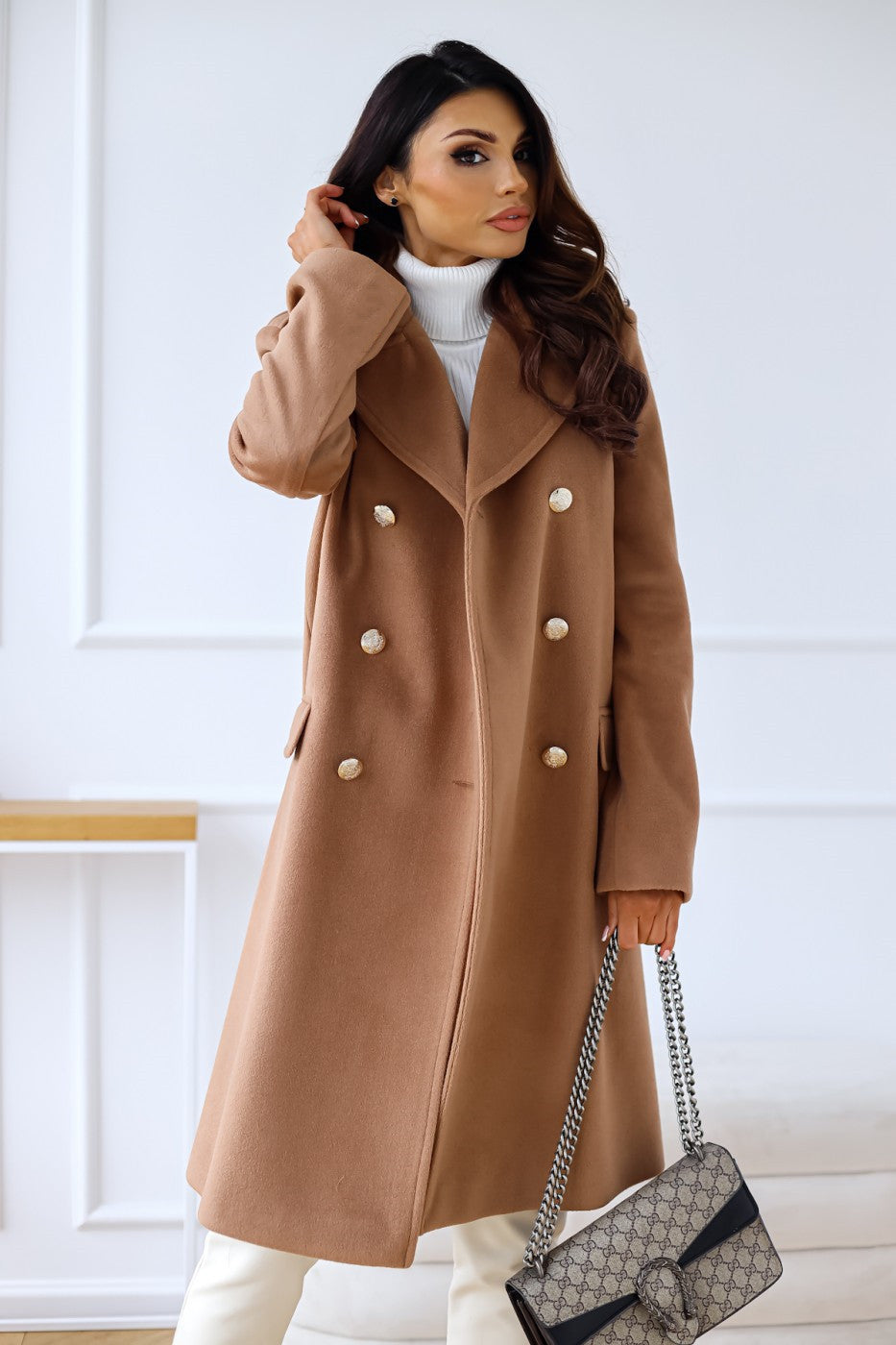 Carmen | Women's Double-Breasted Wool Coat with Gold-Button Detail