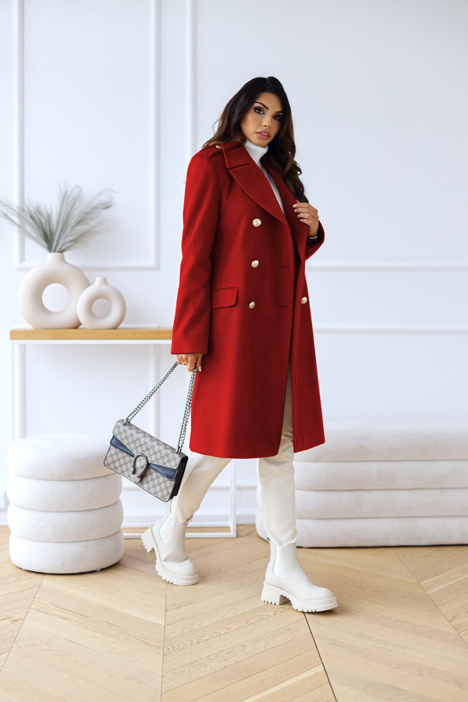 Carmen | Women's Double-Breasted Wool Coat with Gold-Button Detail