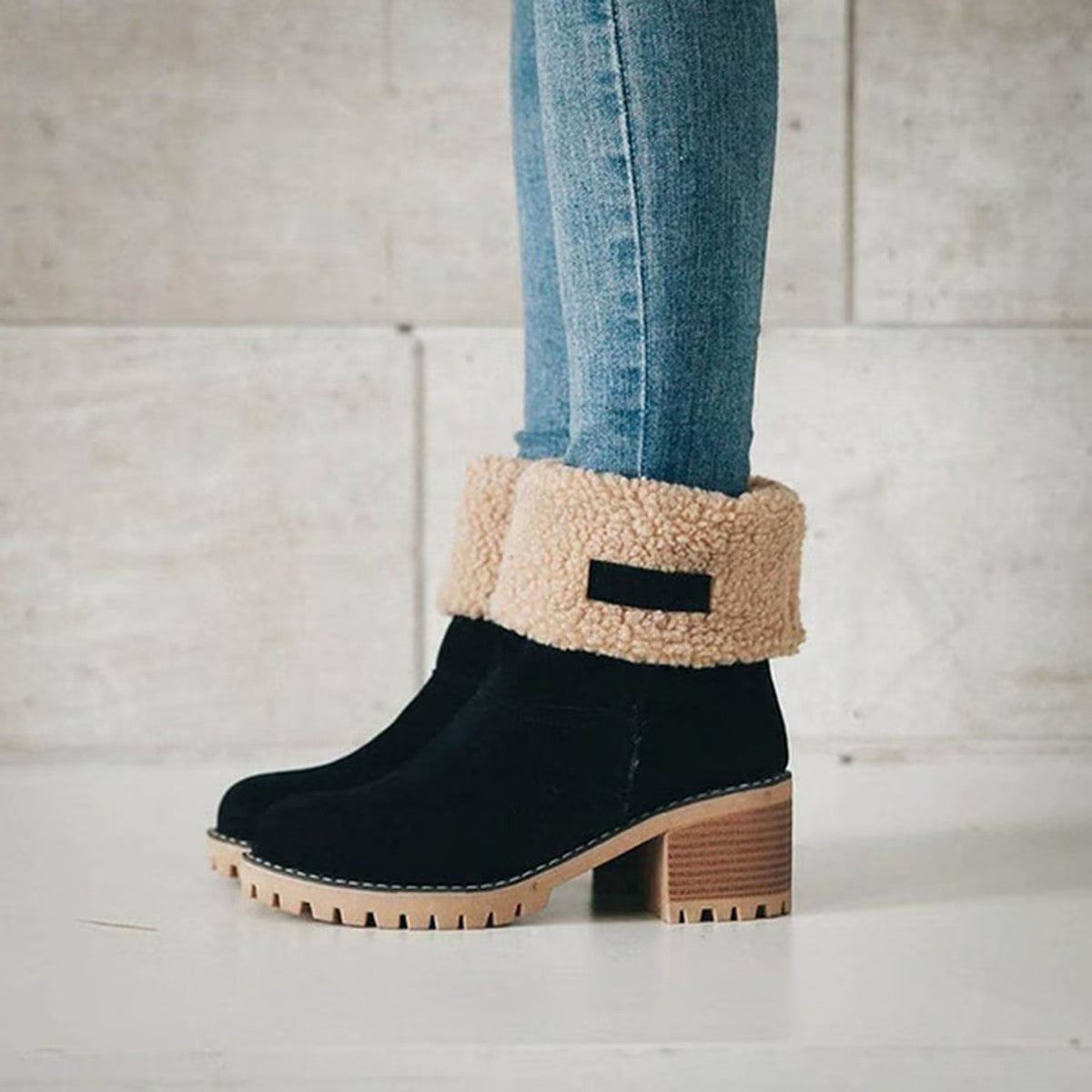 Eugenia-Regina | Women's Faux Fur Collar Block Heel Ankle Boots