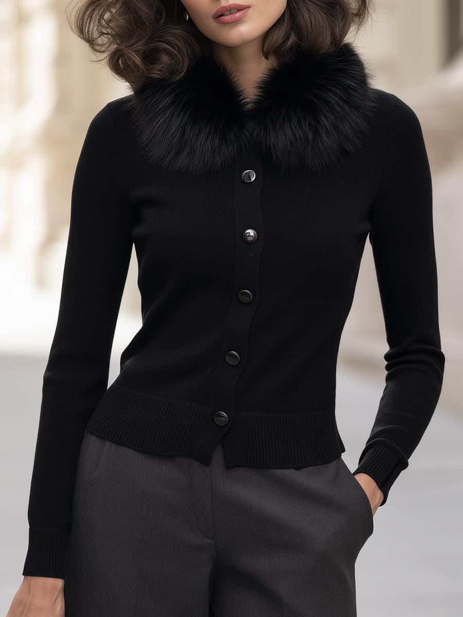 Hazel-Judith | Women's Faux Fur Collar Slim-Fit Knit Cardigan