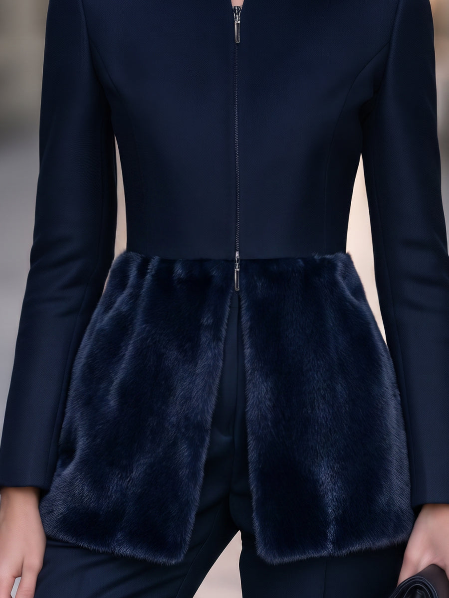Bernadette-Juliet | Women's Faux Fur Hem Zip-Up Tailored Jacket