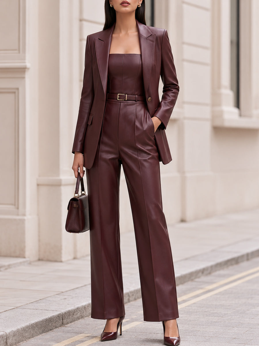 Virginia | Women's Faux-Leather Blazer & Belted Strapless Jumpsuit Set