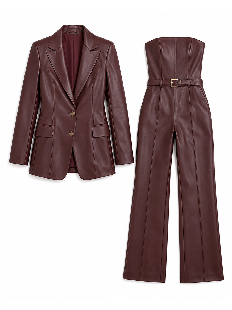 Virginia | Women's Faux-Leather Blazer & Belted Strapless Jumpsuit Set