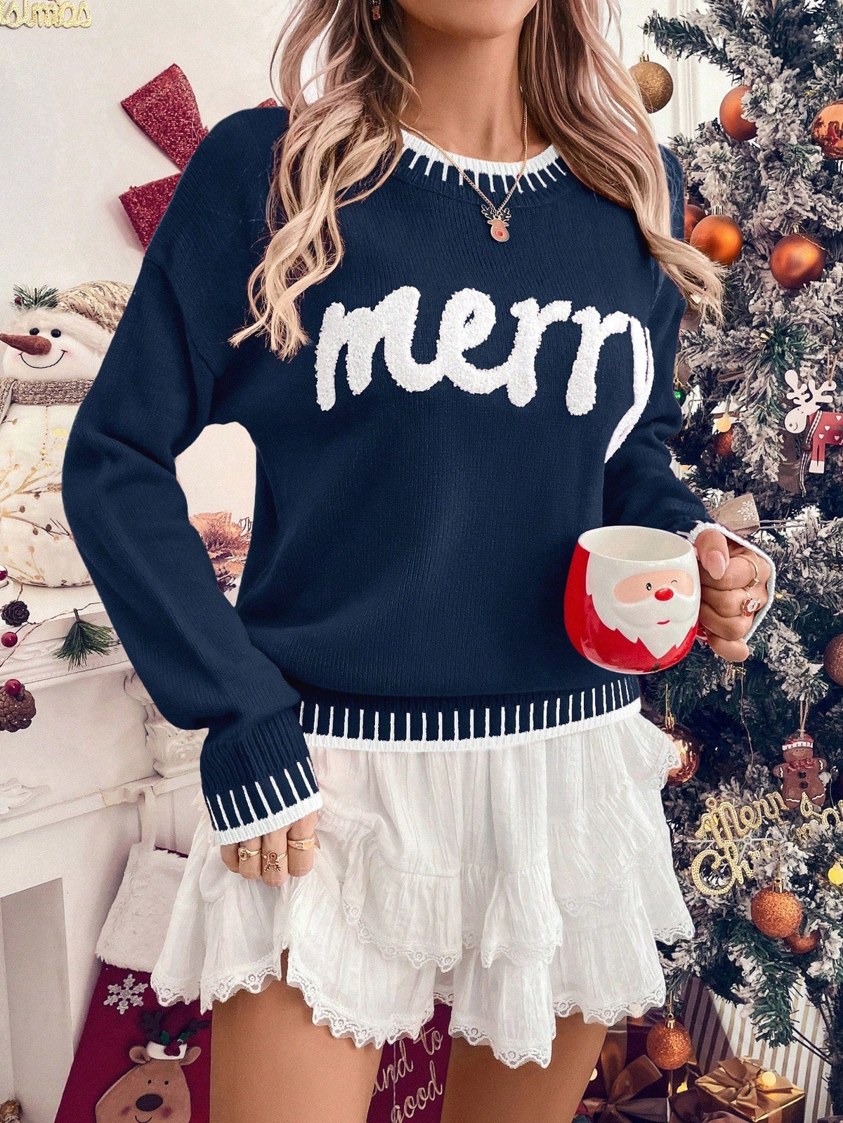 Virginia-Pearl | Women's Festive Pattern Drop-Shoulder Knit Sweater