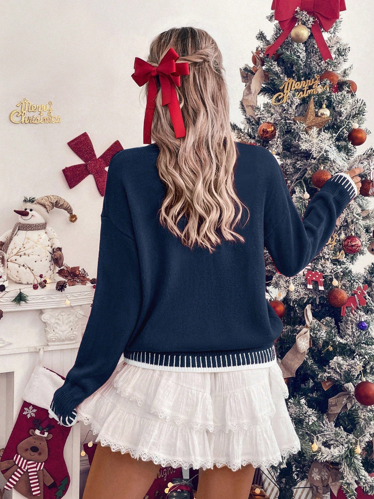 Virginia-Pearl | Women's Festive Pattern Drop-Shoulder Knit Sweater