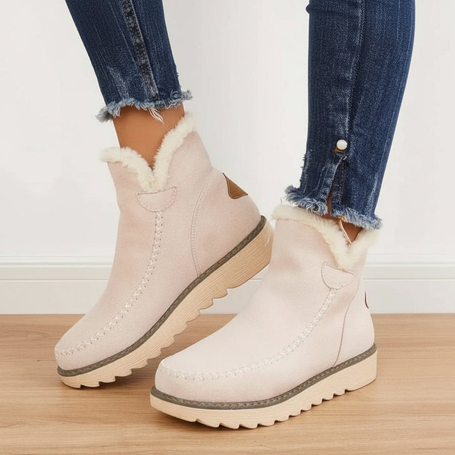 Ingrid-Olive | Women's Fleece-Lined Suede Mini Platform Booties