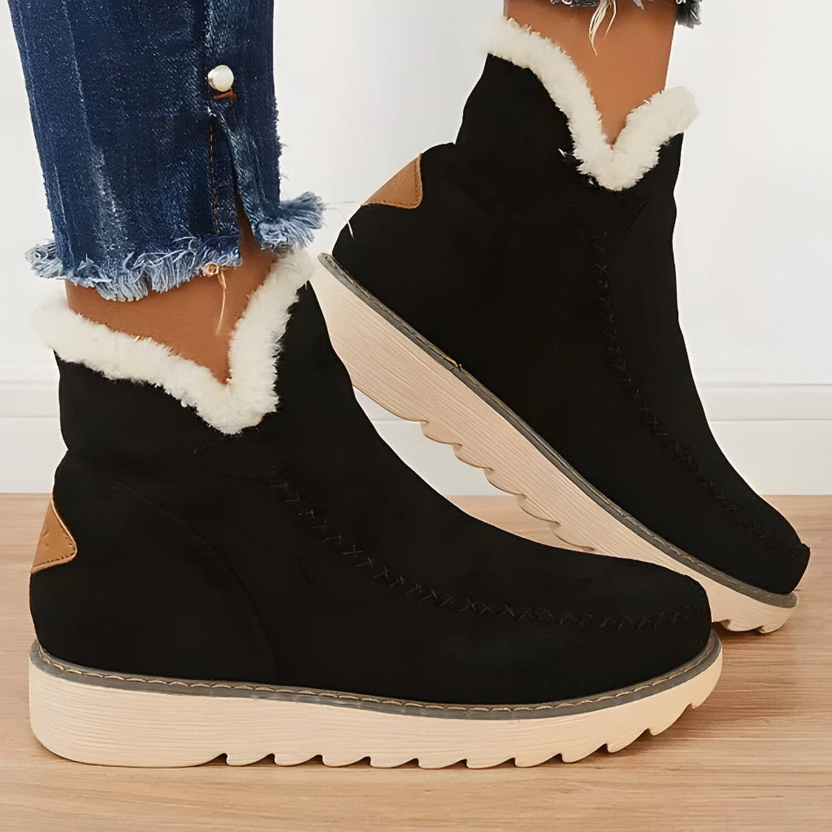 Ingrid-Olive | Women's Fleece-Lined Suede Mini Platform Booties