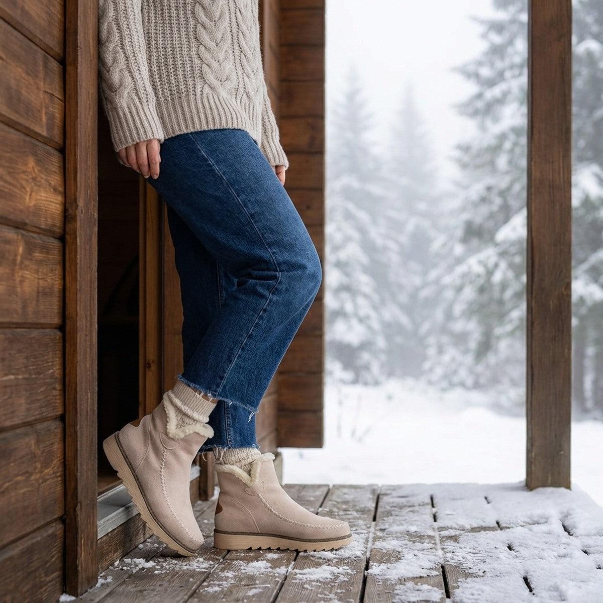 Ingrid-Olive | Women's Fleece-Lined Suede Mini Platform Booties