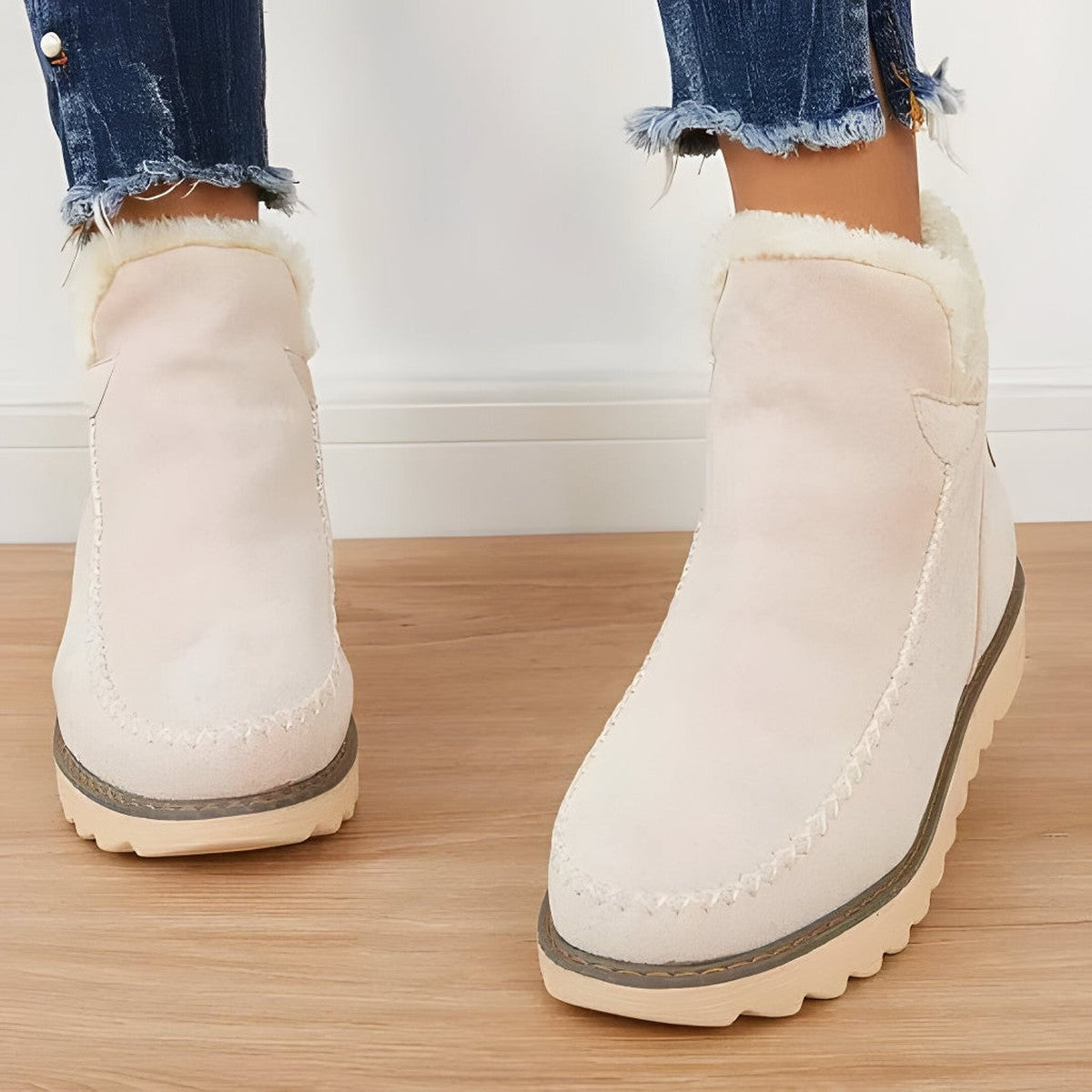 Ingrid-Olive | Women's Fleece-Lined Suede Mini Platform Booties