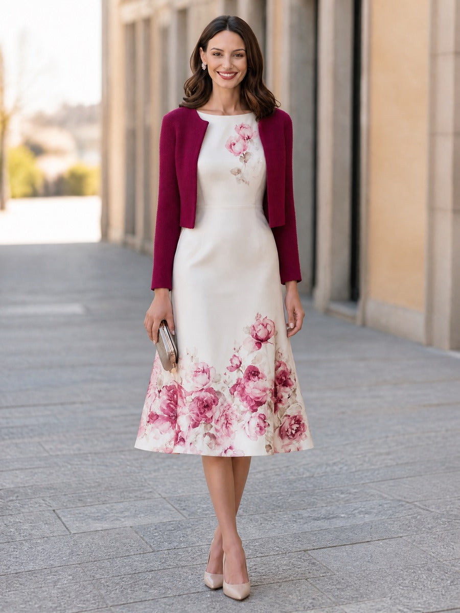 Olive | Women's Floral Cropped Jacket & Midi Dress Matching Set