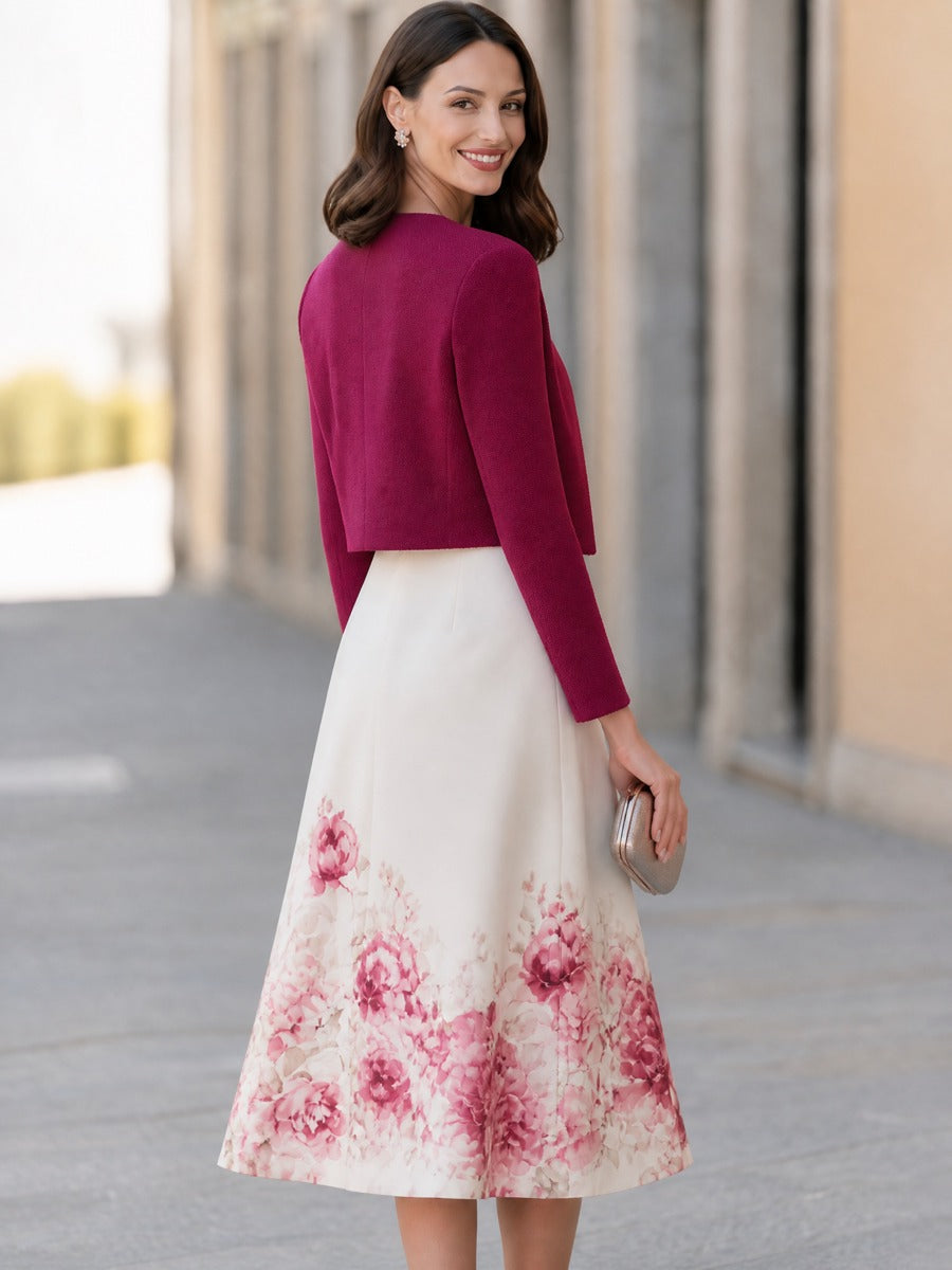 Olive | Women's Floral Cropped Jacket & Midi Dress Matching Set