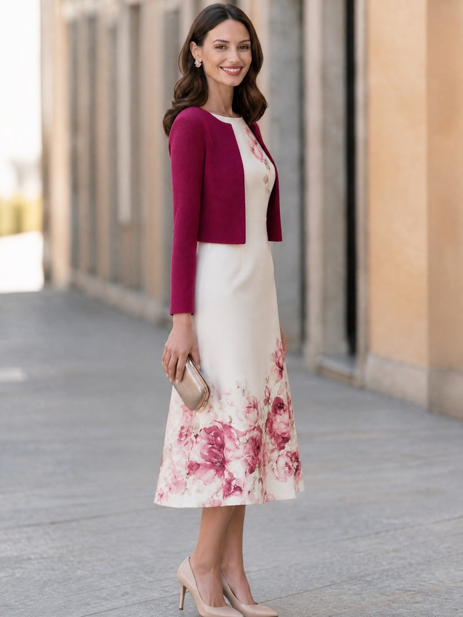Olive | Women's Floral Cropped Jacket & Midi Dress Matching Set