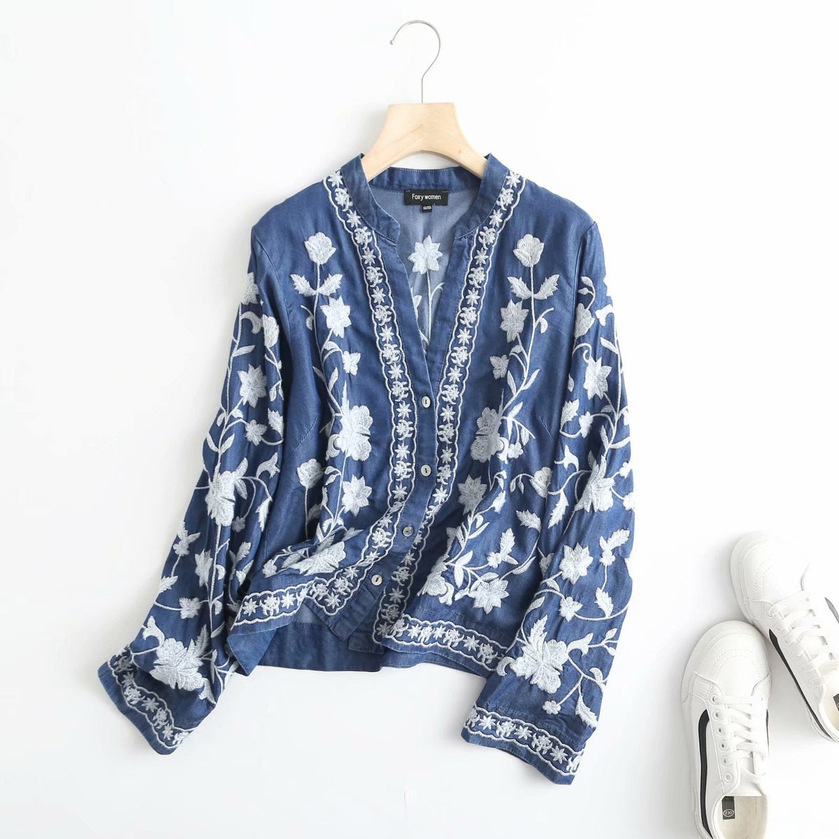Opal-Rhea | Women's Floral Embroidered Denim Cardigan Jacket