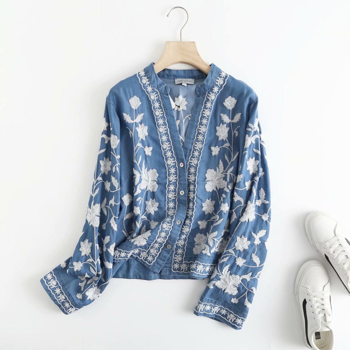 Opal-Rhea | Women's Floral Embroidered Denim Cardigan Jacket
