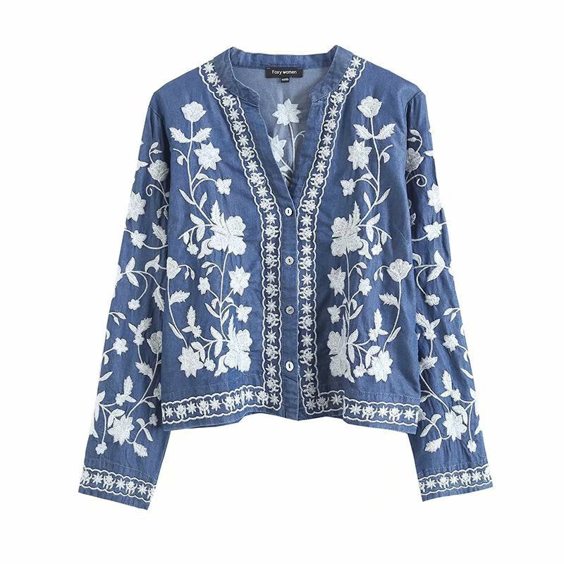 Opal-Rhea | Women's Floral Embroidered Denim Cardigan Jacket