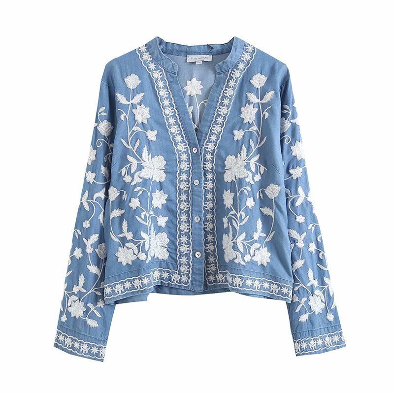 Opal-Rhea | Women's Floral Embroidered Denim Cardigan Jacket