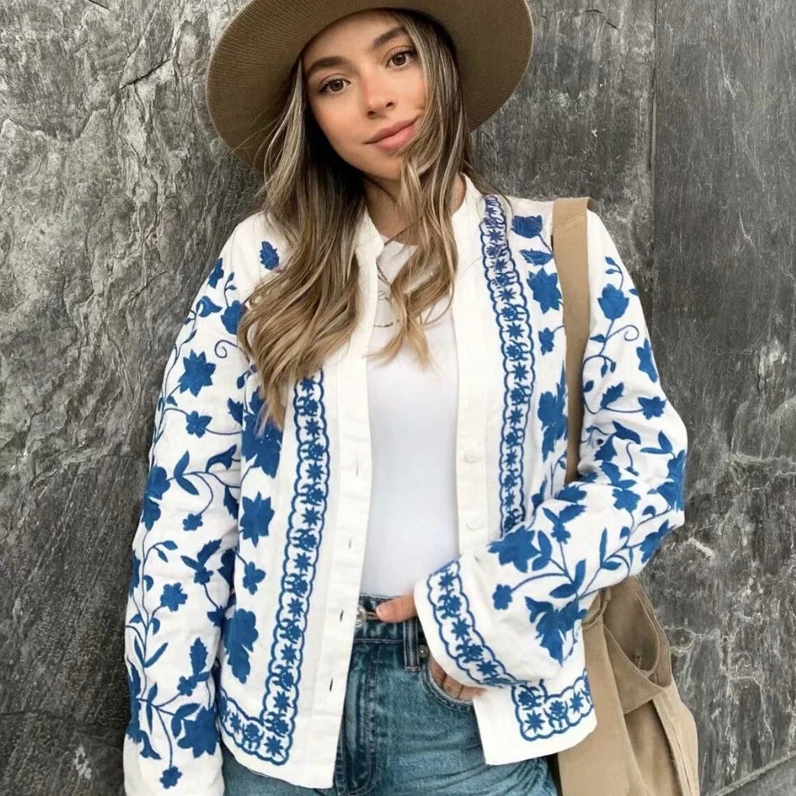 Opal-Rhea | Women's Floral Embroidered Denim Cardigan Jacket