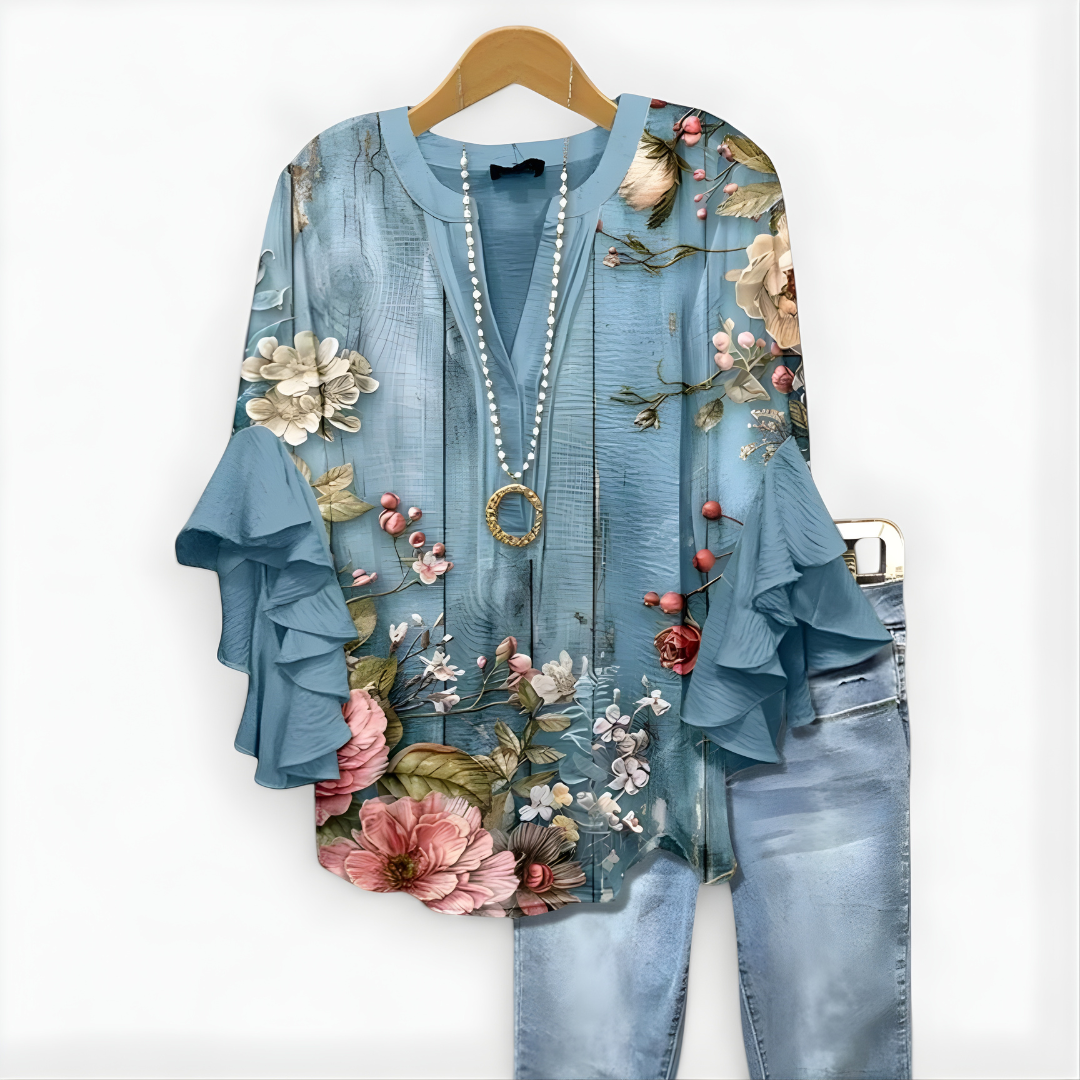 Virginia-Pauline | Women's Floral Ruffle-Sleeve Blouse