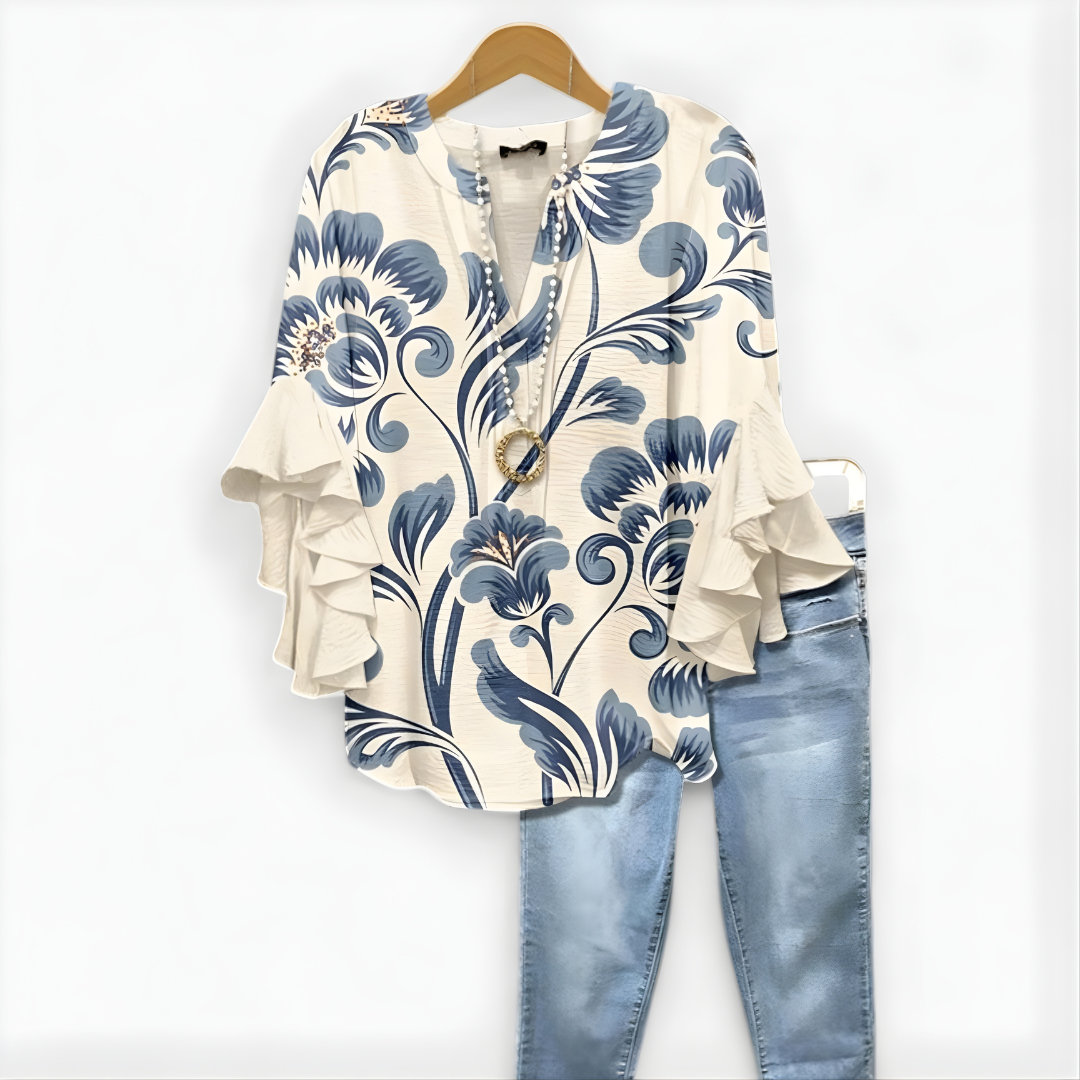 Virginia-Pauline | Women's Floral Ruffle-Sleeve Blouse