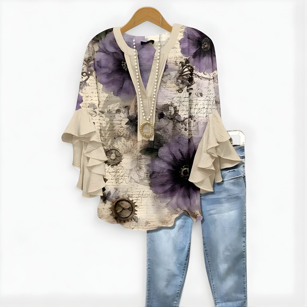 Virginia-Pauline | Women's Floral Ruffle-Sleeve Blouse