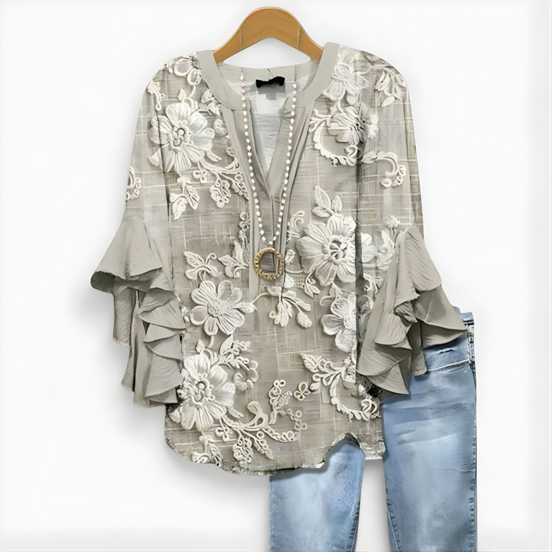 Virginia-Pauline | Women's Floral Ruffle-Sleeve Blouse