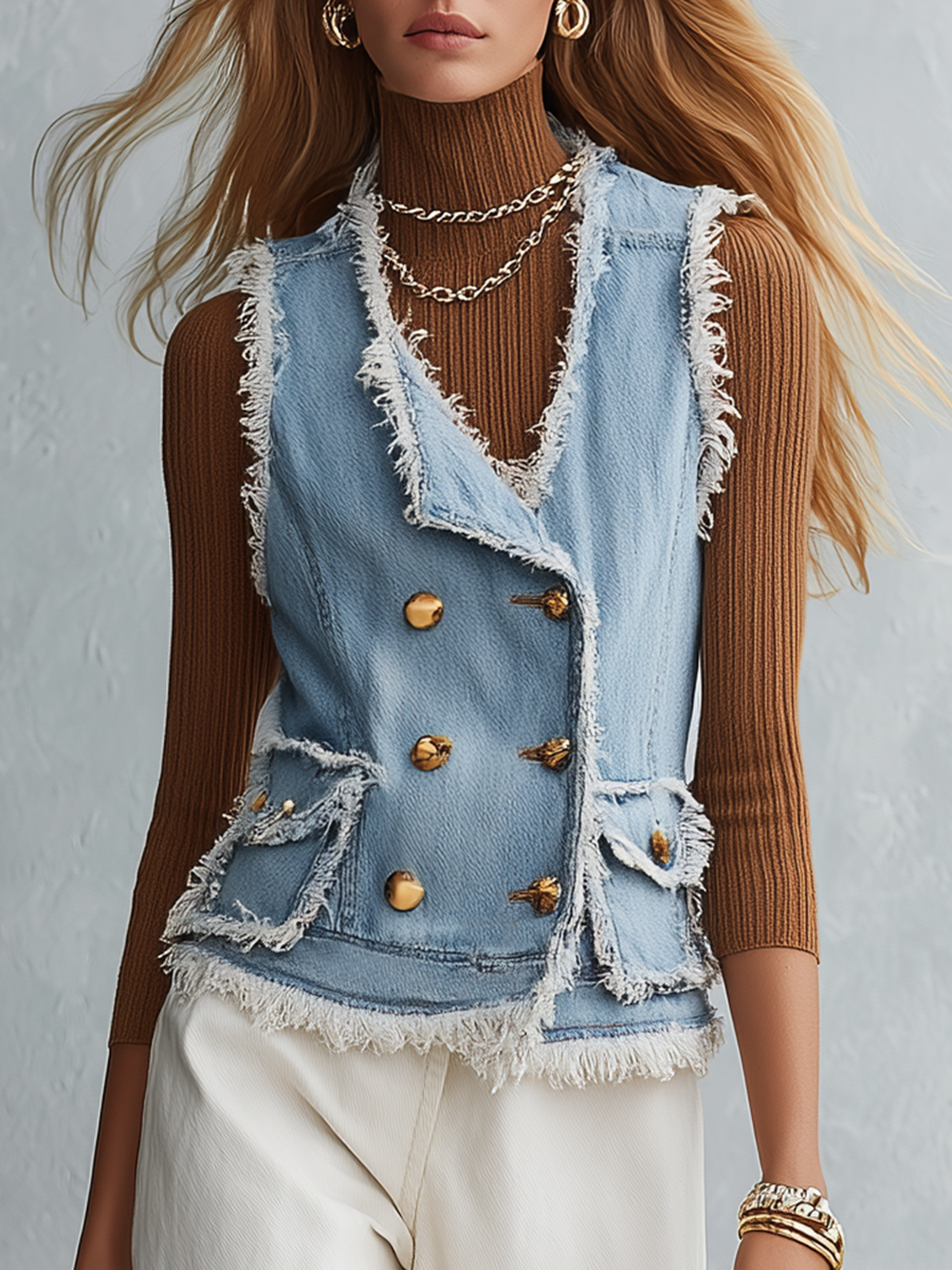 Priscilla-Georgia | Women's Frayed Denim Button-Front Vest