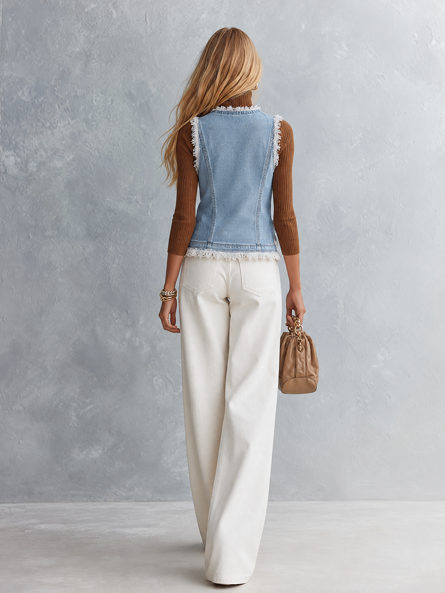 Priscilla-Georgia | Women's Frayed Denim Button-Front Vest