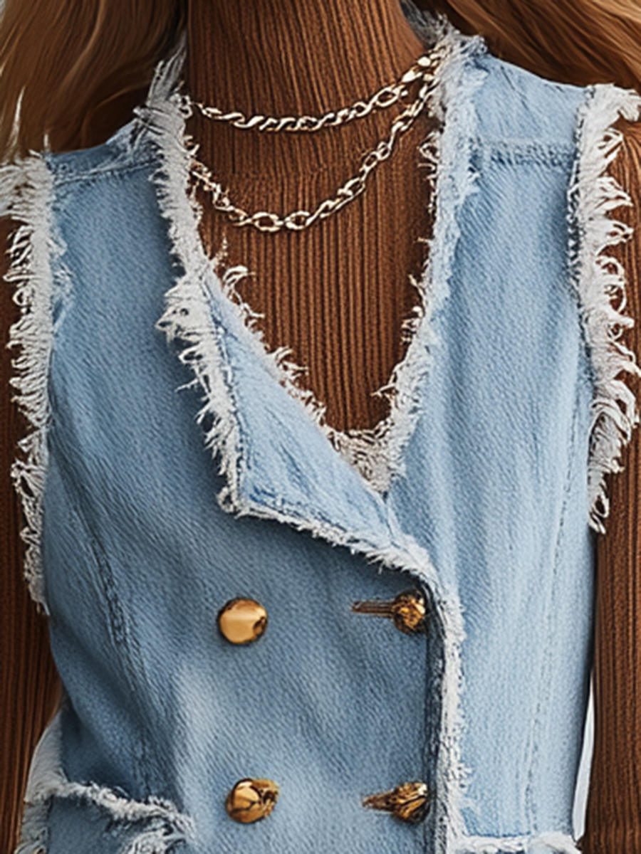 Priscilla-Georgia | Women's Frayed Denim Button-Front Vest