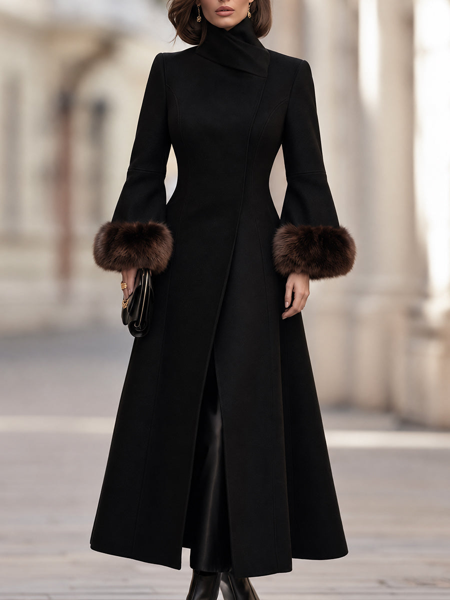 Cecile | Women's Fur-Cuff Funnel-Neck Trench Coat