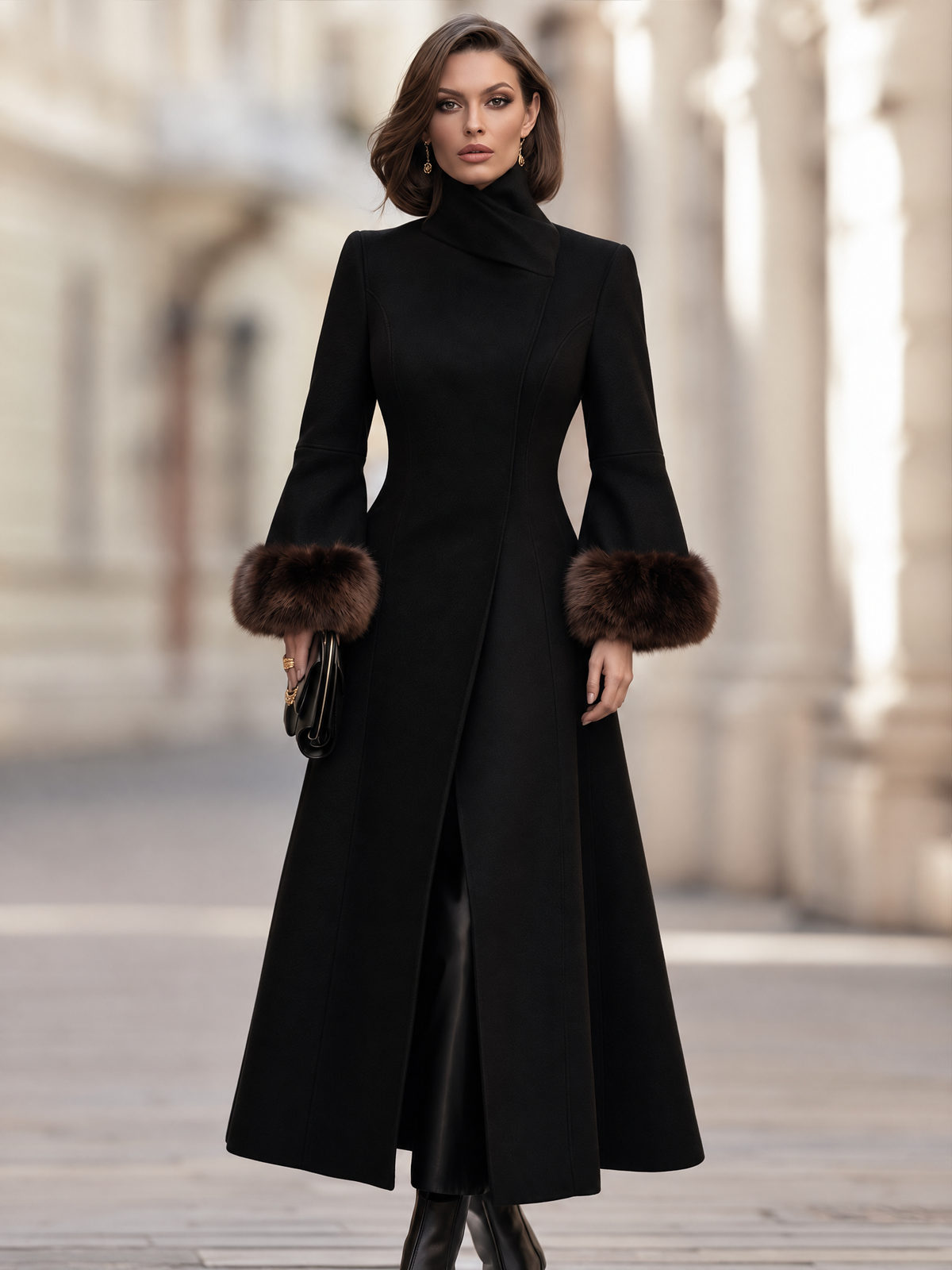 Cecile | Women's Fur-Cuff Funnel-Neck Trench Coat