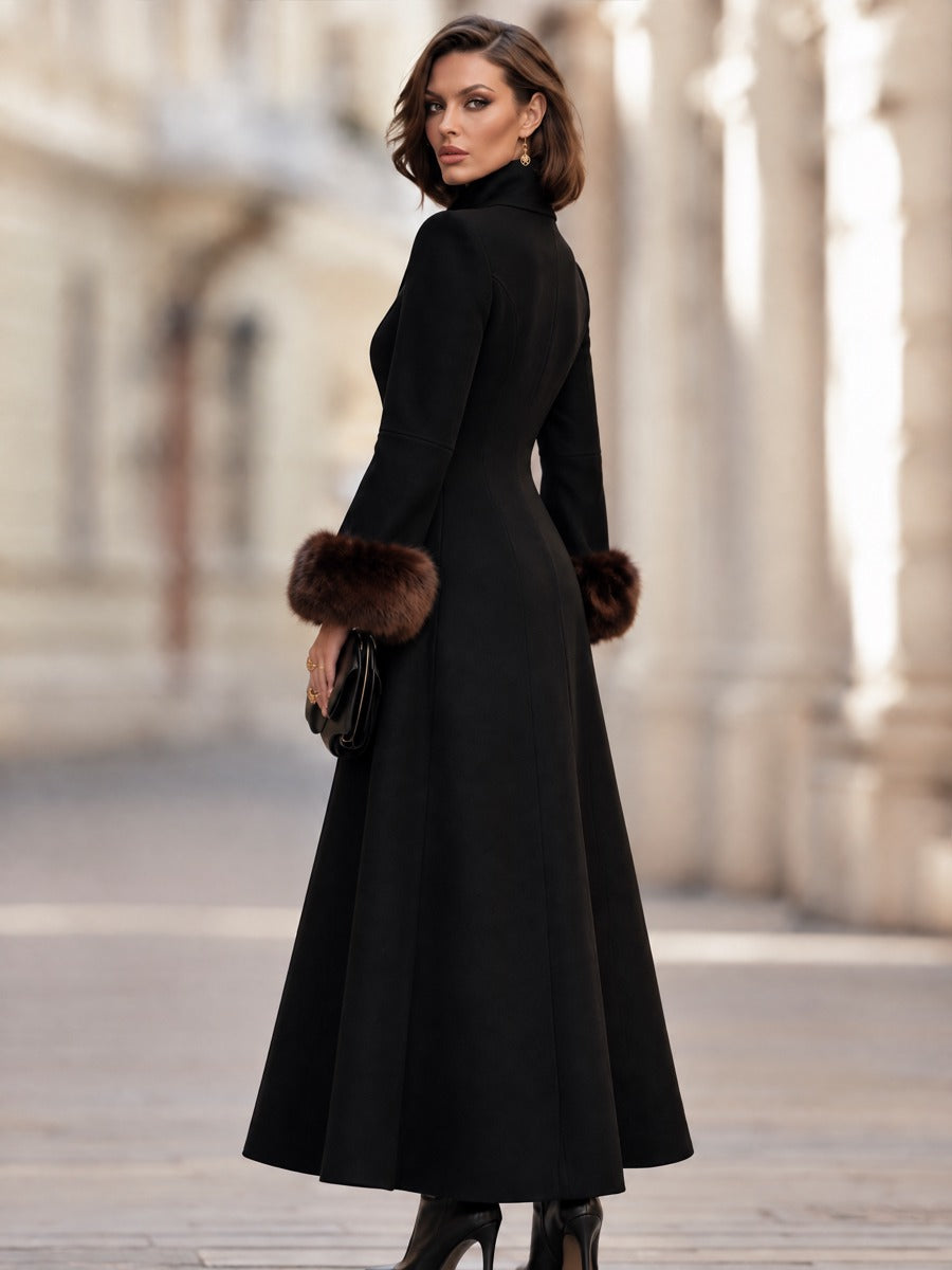 Cecile | Women's Fur-Cuff Funnel-Neck Trench Coat