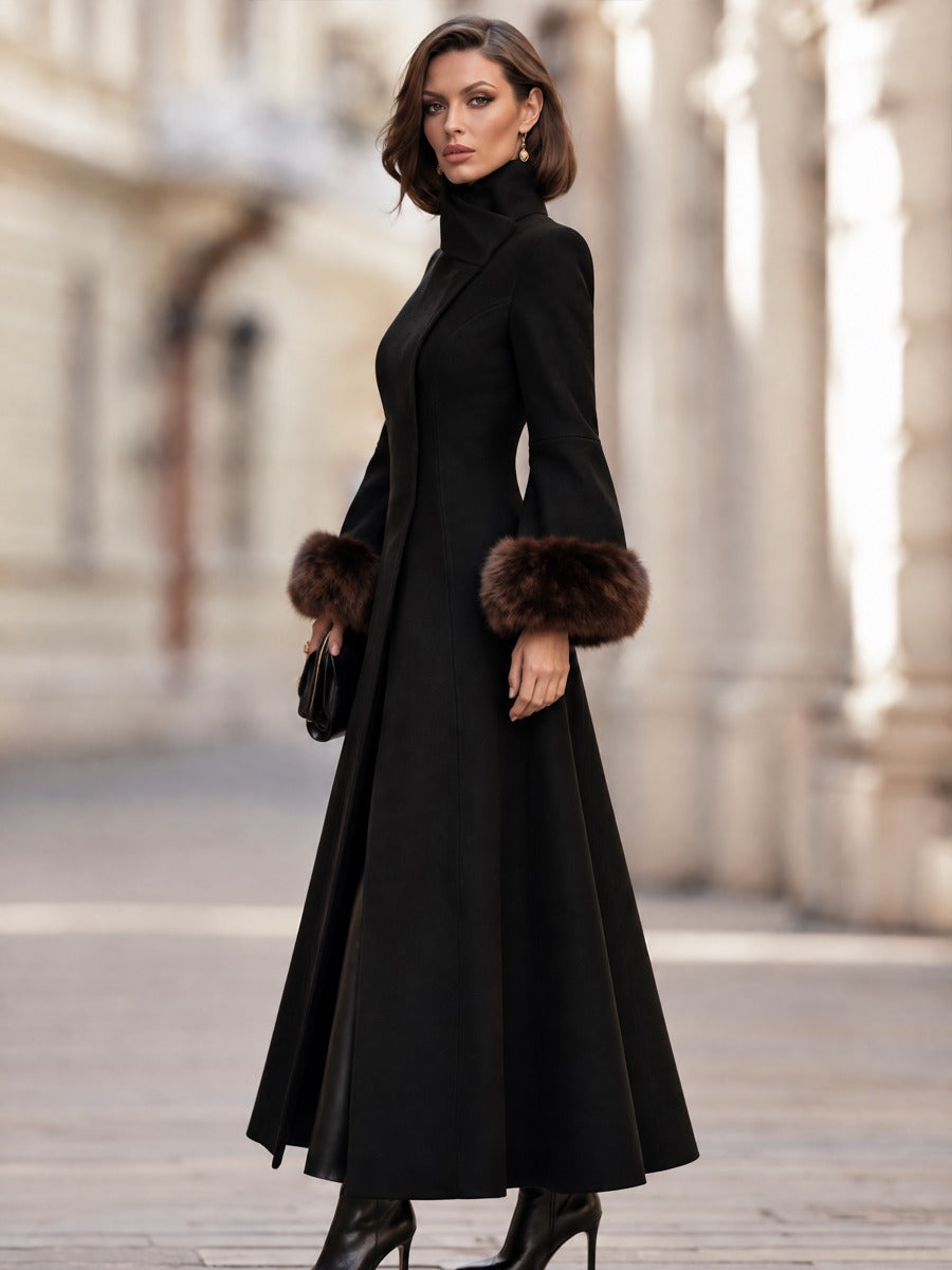 Cecile | Women's Fur-Cuff Funnel-Neck Trench Coat