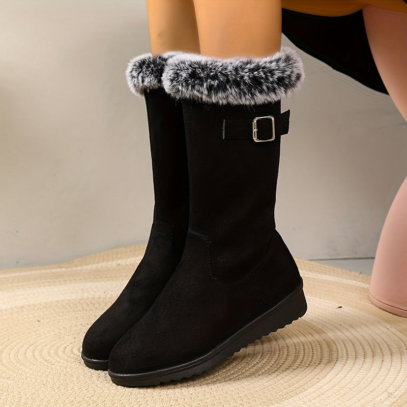 Louisa-Nadine | Women's Fur-Trimmed Buckle Knee-High Boots