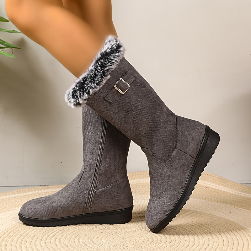 Louisa-Nadine | Women's Fur-Trimmed Buckle Knee-High Boots