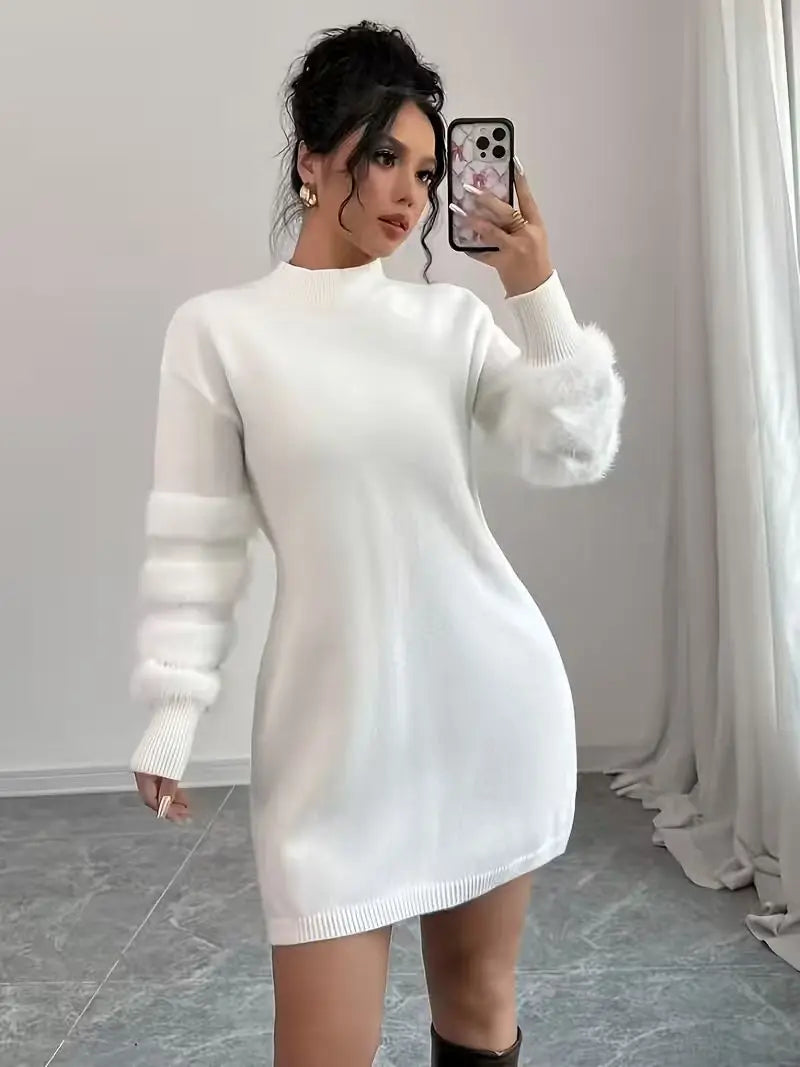 Beatrix | Women's Fuzzy-Sleeve Mock Neck Sweater Dress