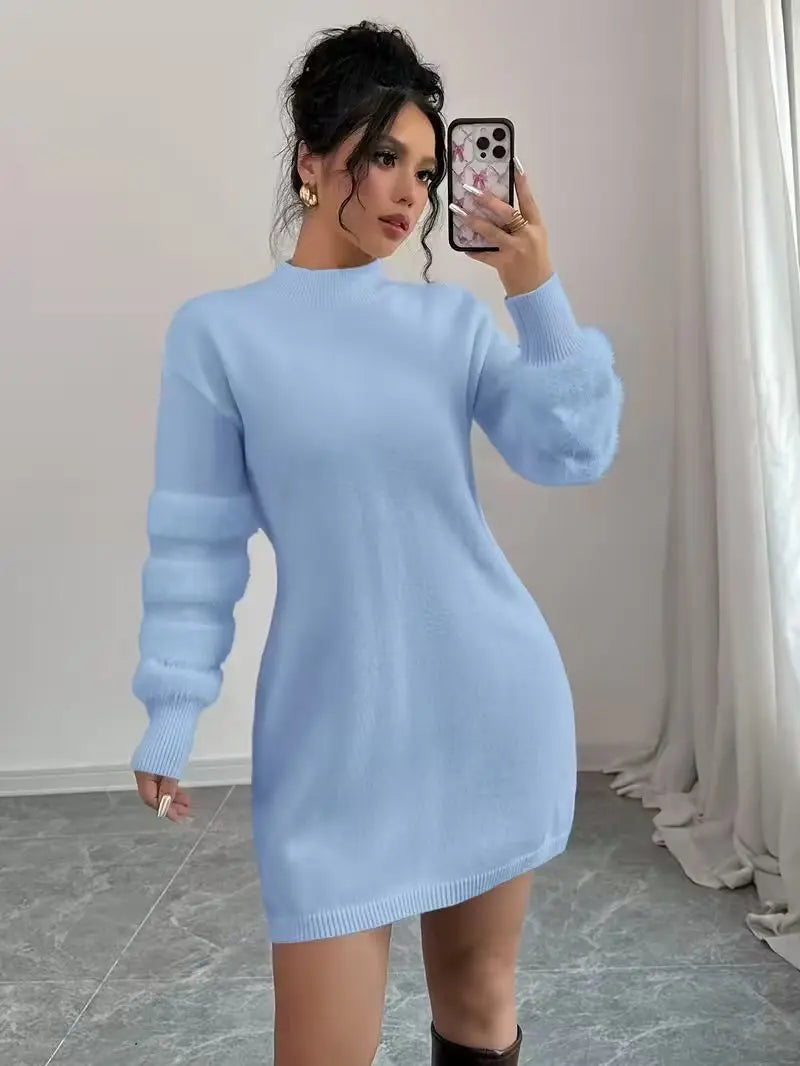 Beatrix | Women's Fuzzy-Sleeve Mock Neck Sweater Dress
