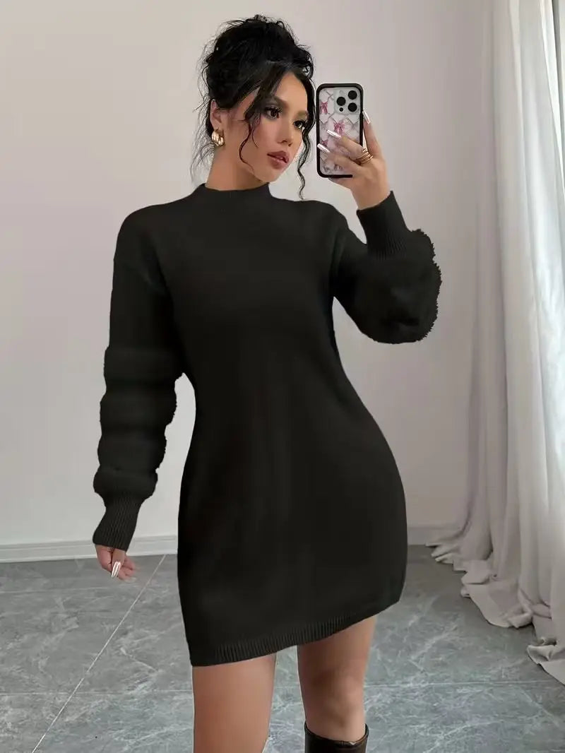 Beatrix | Women's Fuzzy-Sleeve Mock Neck Sweater Dress