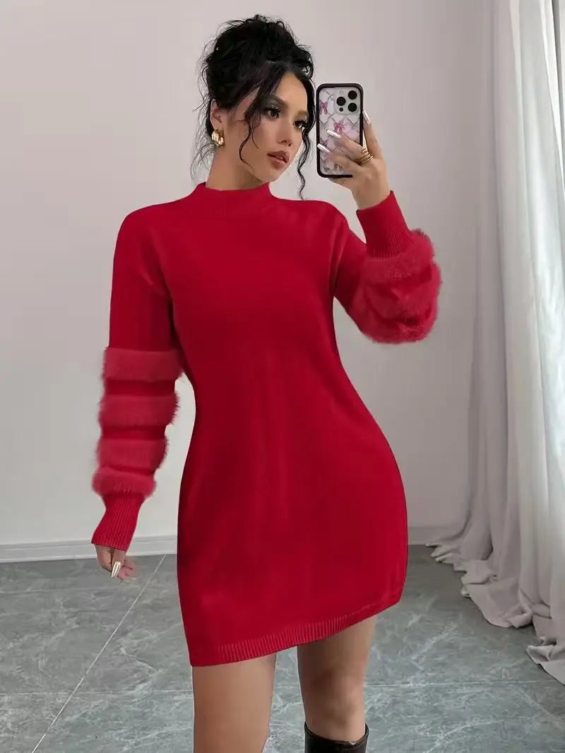 Beatrix | Women's Fuzzy-Sleeve Mock Neck Sweater Dress