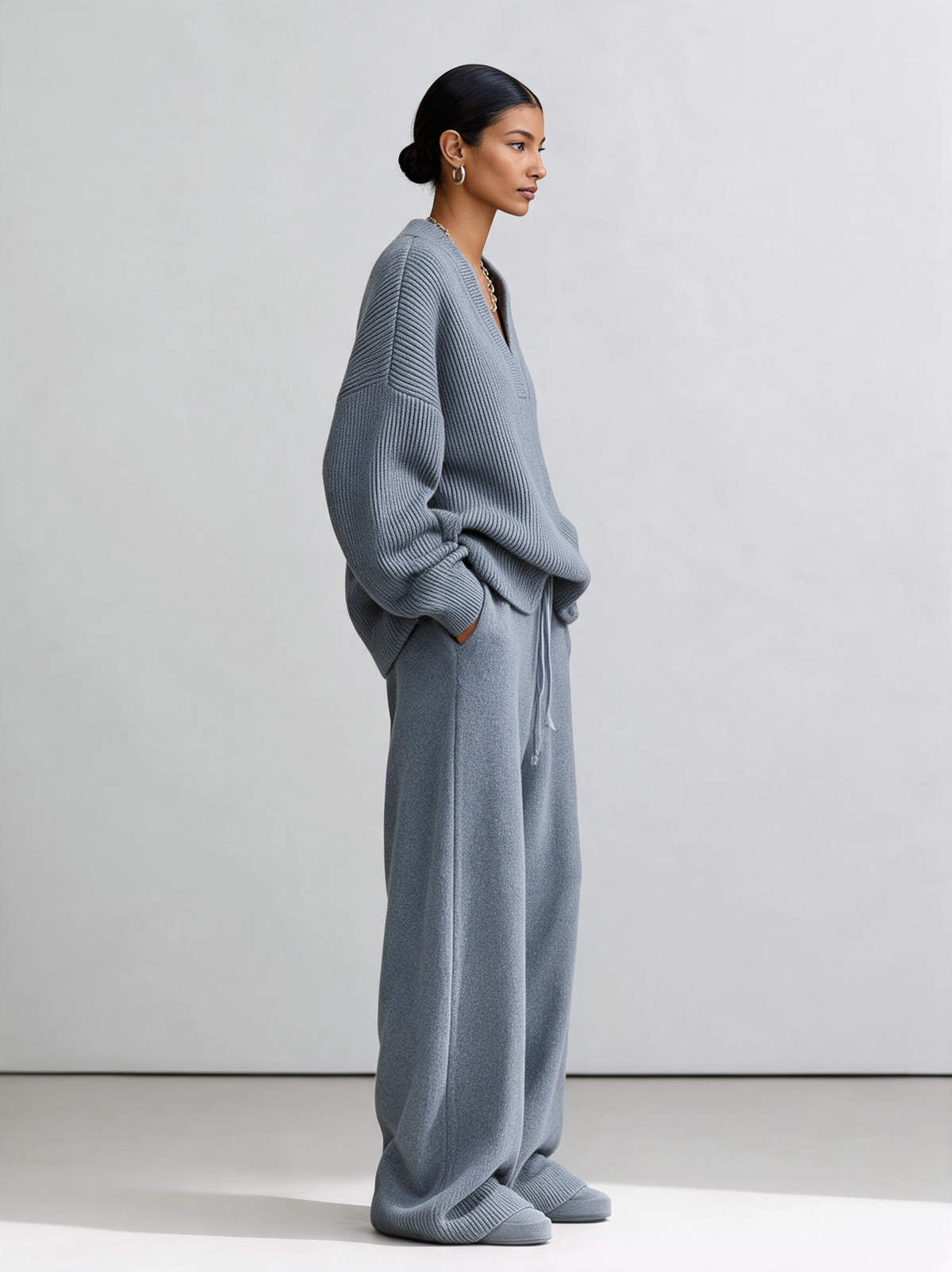 Clara-Wilhelmina | Women's High-Waist Drawstring Knit Wide-Leg Pants