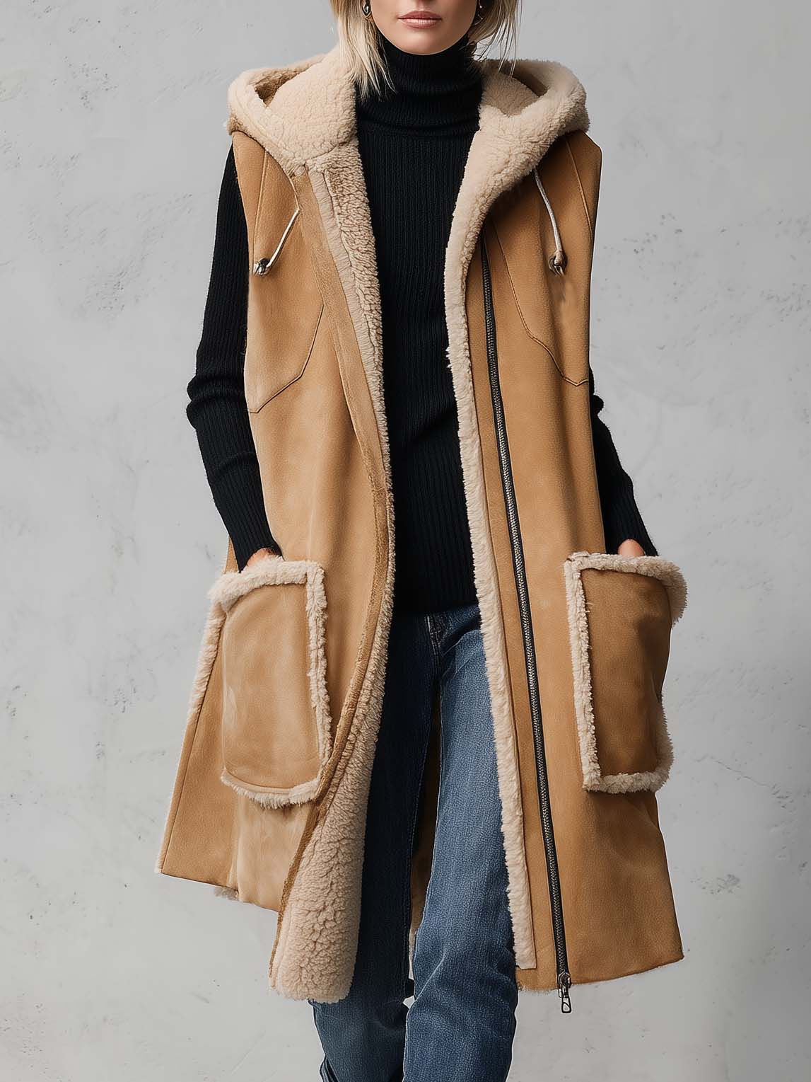 Zelda-Virginia | Women's Hooded Faux Suede Shearling-Trim Vest