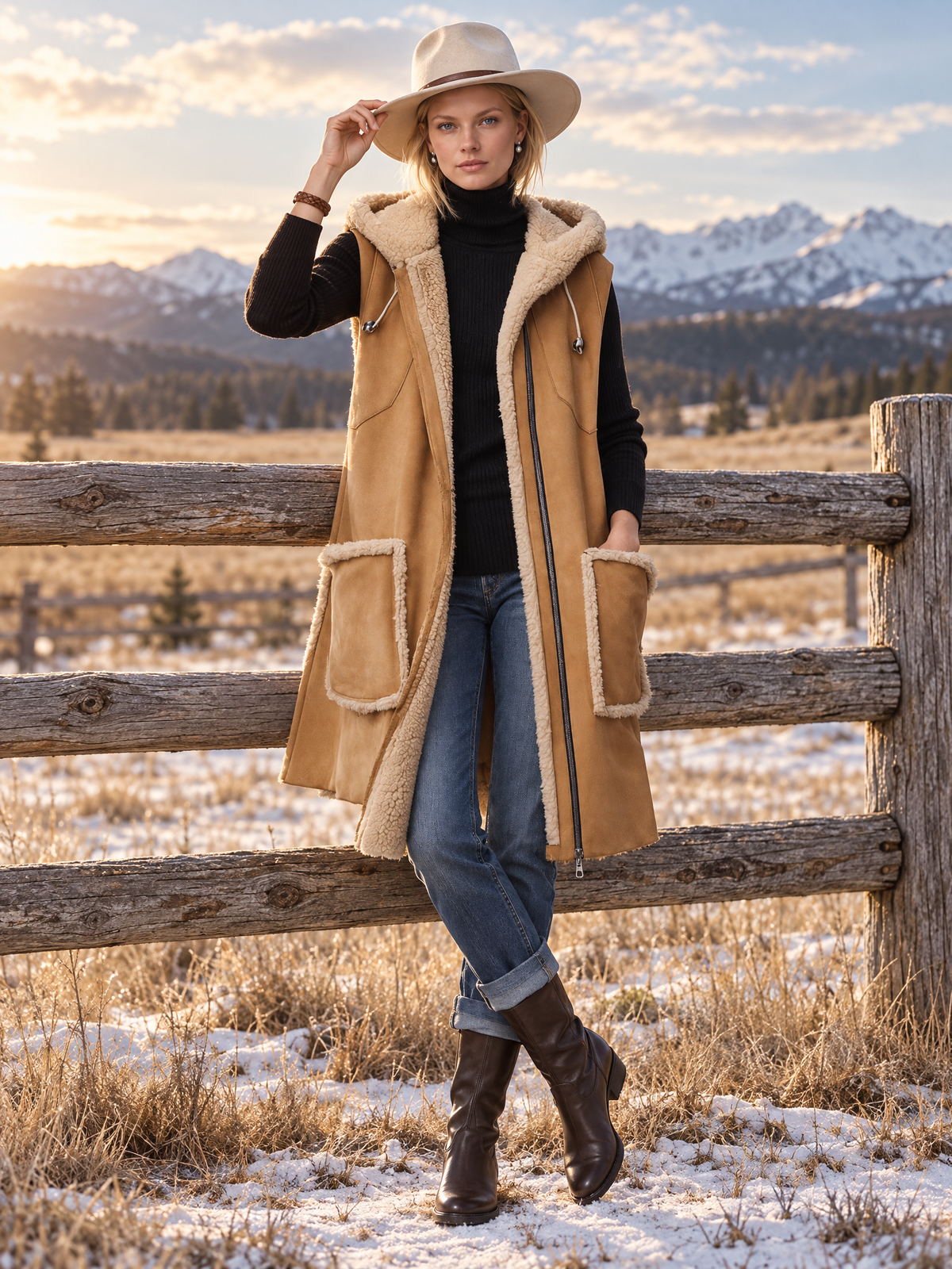 Zelda-Virginia | Women's Hooded Faux Suede Shearling-Trim Vest